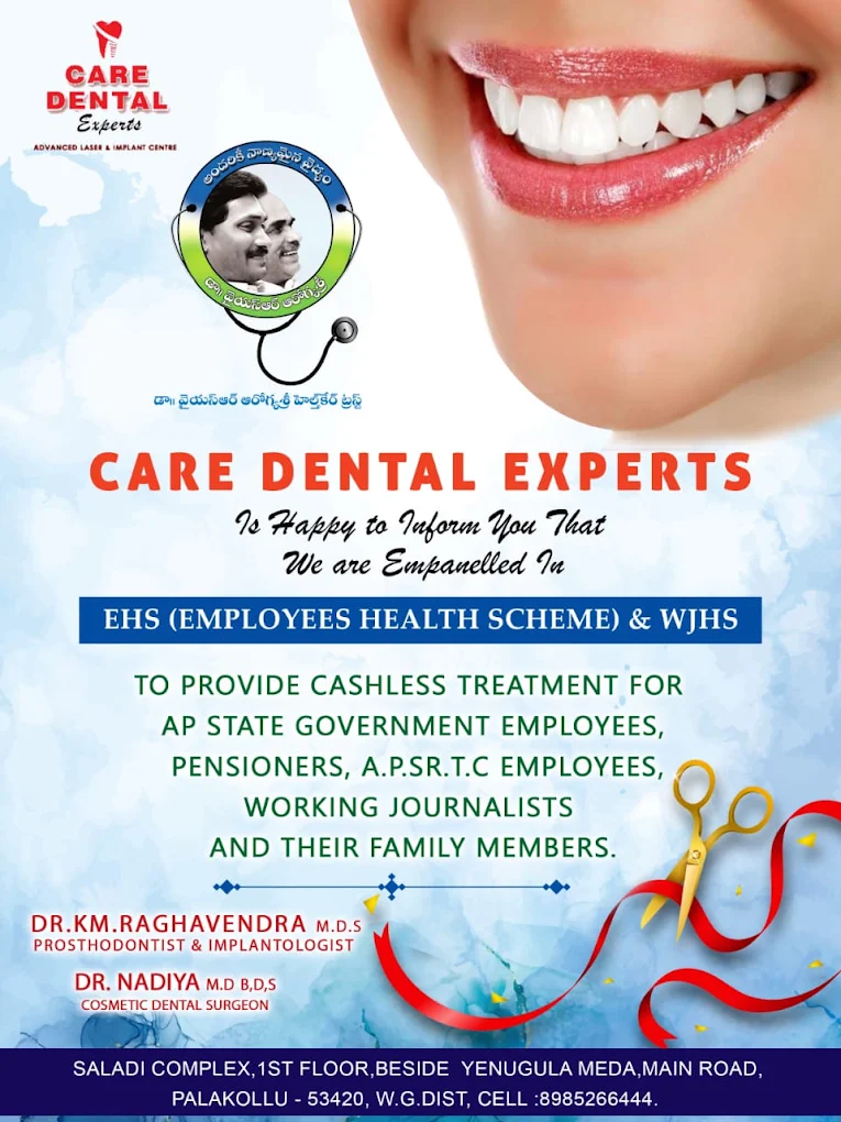 The EHS and WJHS empanelment notice displayed at Care Dental Experts, Palakollu